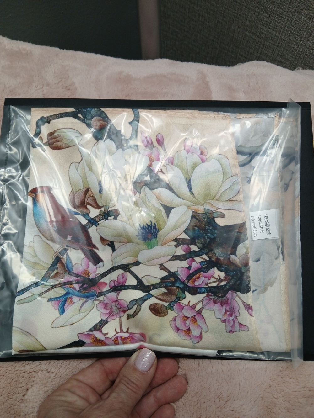 Floral Bird Silk Scarf - Pink, Cream, Blue